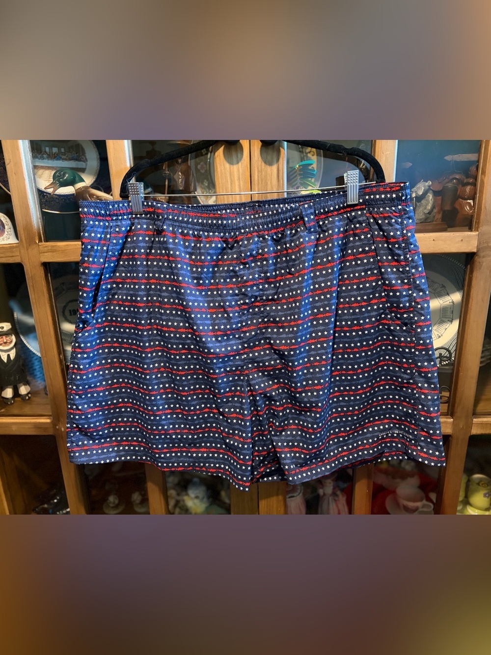 Columbia Men’s Swim Trunks Red White & Blue Fish Stars Forth of July America XXL